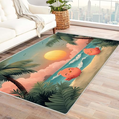 WQBQKKX Blau Ozean Strand Drucken Teppich Pflanzen und Bäume ideal fürs Wohnzimmer, Schlafzimmer und Kinderzimmer auch als Badematte Rug(Grün 74)-60x90cm von WQBQKKX