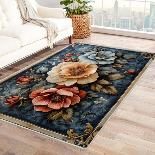 WQBQKKX Boho Kurzflor Teppich Schlafzimmer Blumen Teppich Waschbar rutschfest Krabbelmatte für Kinderzimmer Schlafzimmer Dekoration(Blau 8)-90x150cm von WQBQKKX