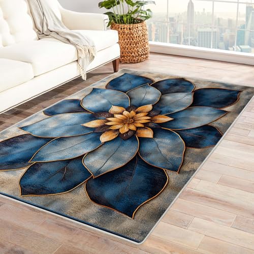 WQBQKKX Boho Kurzflor Teppich Schlafzimmer Blumen Teppich Wohnzimmer Schlafzimmer Weich Kurzflor & Waschbar & rutschfest Rug(Blau 43)-60x90cm von WQBQKKX