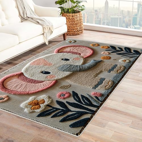 WQBQKKX Boho Kurzflor Teppich Schlafzimmer Elefant Wohnzimmer Schlafzimmer Dekor Kinder Spielmatte Küche Korridor Essbereich Teppich(Rosa 13)-150x180cm von WQBQKKX