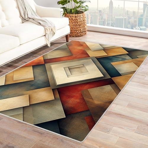 WQBQKKX Boho Kurzflor Teppich Schlafzimmer Geometrie Teppich Wohnzimmer Schlafzimmer Weich Kurzflor & Waschbar & rutschfest Rug(Orange 3)-150x180cm von WQBQKKX