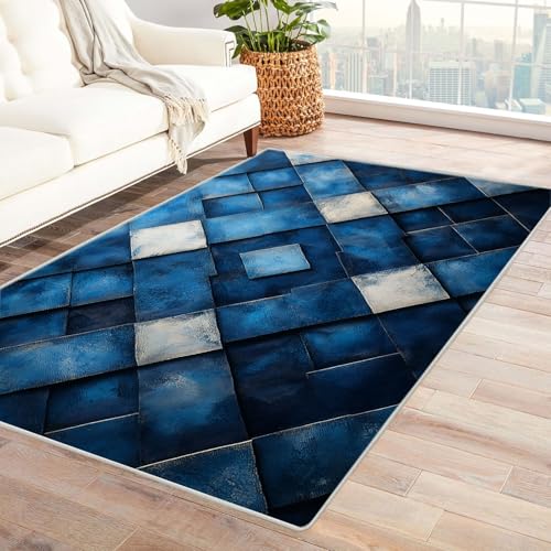 WQBQKKX Boho Waschbarer Vintage Teppich Abstrakte Linien Teppich Wohnzimmer Schlafzimmer Weich Kurzflor & Waschbar & rutschfest Rug(Blau)-150x210cm von WQBQKKX