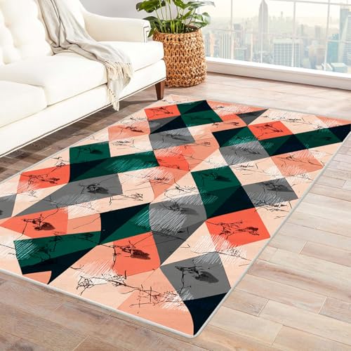 WQBQKKX Boho Waschbarer Vintage Teppich Texturlinien bunt Teppich Wohnzimmer Schlafzimmer Weich Kurzflor & Waschbar & rutschfest(Türkis)-240x300cm von WQBQKKX