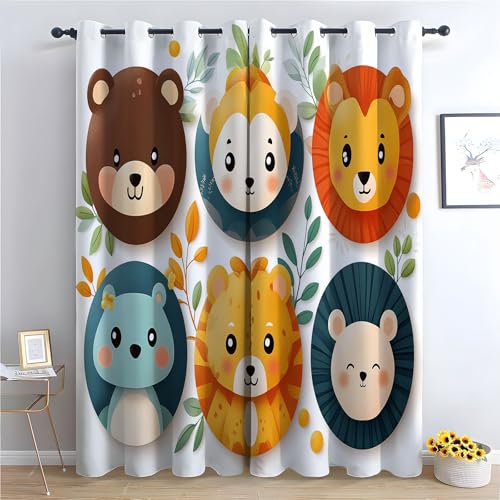 WQBQKKX Cartoon-Tiere Bauernhaus-Vorhänge für Wohnzimmer Süßer Löwe Gardinen Blickdichte Vorhang Kälteschutz Blackout Curtain Wohnzimmer Verdunkelung Fenster, 2 Stück-H230 x B130 cm (2er Pack) von WQBQKKX