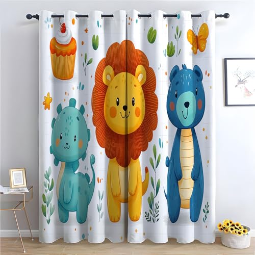 WQBQKKX Cartoon-Tiere Landschaft Rustikaler Vorhang Süßer Löwe halbfloraler Druck, Fenstervorhang für Schlafzimmer, Landhauslichtfilterung-H180 x B140 cm (2er Pack) von WQBQKKX