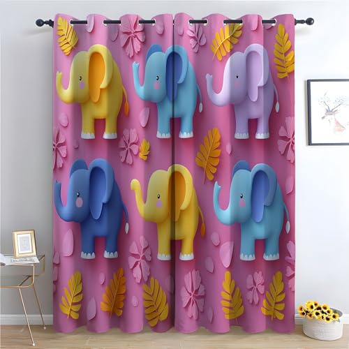 WQBQKKX Cartoon-Tiere Vorhang Blickdicht Vorhänge mit Ösen Elefant halbfloraler Druck, Fenstervorhang für Schlafzimmer, Landhauslichtfilterung-H300 x B140 cm (2er Pack) von WQBQKKX