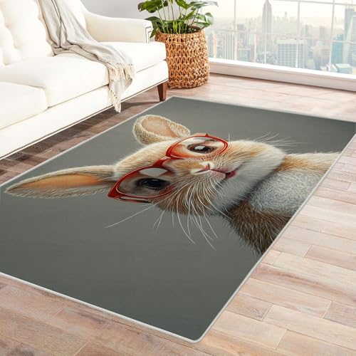 WQBQKKX Fußmatte Teppich 3D Tier Carpet Lustiges süßes Kaninchen ideal fürs Wohnzimmer, Schlafzimmer und Kinderzimmer auch als Badematte Rug(Grau)-90x150cm von WQBQKKX