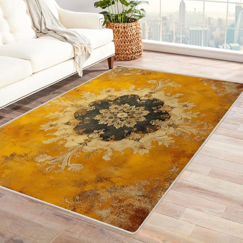 WQBQKKX Fußmatte Teppich 3D Vintage Boho Carpet Minimalistische Blumen Teppiche für Schlafzimmer Esszimmer rutschfest Weich Modern Teppich Groß Rug(Gelb)-90x150cm von WQBQKKX