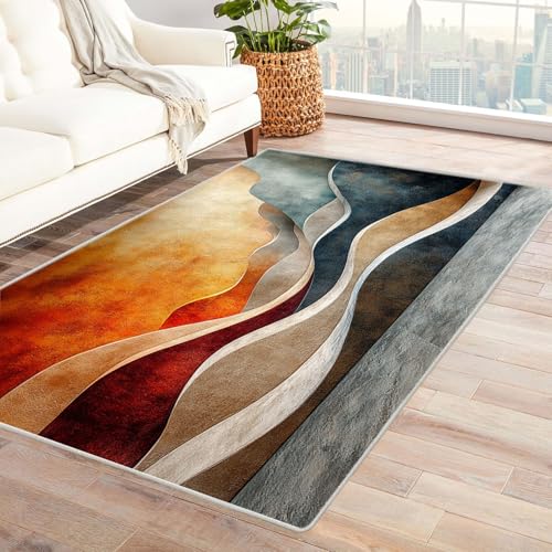 WQBQKKX Fußmatte Teppich 3D Vintage Boho Retro Carpet Bunte Linien Für Wohnzimmer Schlafzimmer Retro Carpet Home Bar Decor Rugs(Orange)-150x180cm von WQBQKKX