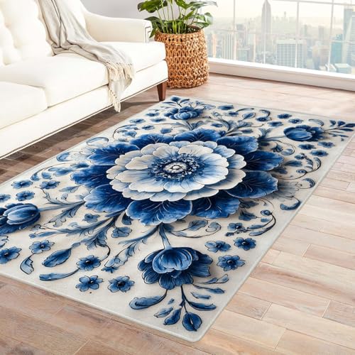 WQBQKKX Fußmatte Teppich 3D Vintage Boho Retro Carpet Minimalistische Blumen Teppiche für Schlafzimmer Esszimmer rutschfest Weich Modern Teppich Groß Rug(Blau)-150x210cm von WQBQKKX