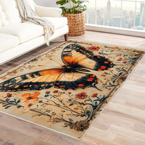 WQBQKKX Fußmatte Teppich 3D Vintage Boho Retro Carpet Tierische Blumen ideal fürs Wohnzimmer, Schlafzimmer und Kinderzimmer auch als Badematte Rug(Orange)-150x240cm von WQBQKKX