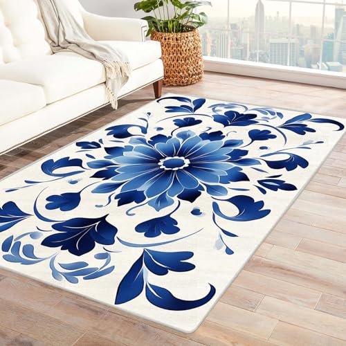 WQBQKKX Groß Vintage Teppich Wohnzimmer Minimalistische Blumen Teppich Wohnzimmer Schlafzimmer Weich Kurzflor & Waschbar & rutschfest Rug(Blau)-90x120cm von WQBQKKX