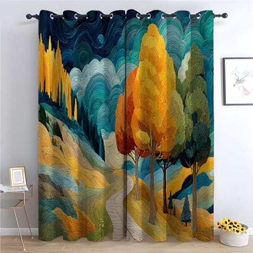 WQBQKKX Natur Landschaft Vorhänge Wald Abstrakter Baum Blackout Curtain Schlafzimmer Wohnzimmer Weich Verdunklungsvorhänge 2er Set-H215 x B100 cm (2er Pack) von WQBQKKX