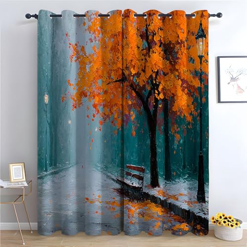 WQBQKKX Natur Landschaft Vorhänge Wald Abstrakter Baum Blickdichte Gardinen Blackout Curtain Thermo Vorhang Kinder Mädchen Schlafzimmer Wohnzimmer-H160 x B70 cm (2er Pack) von WQBQKKX
