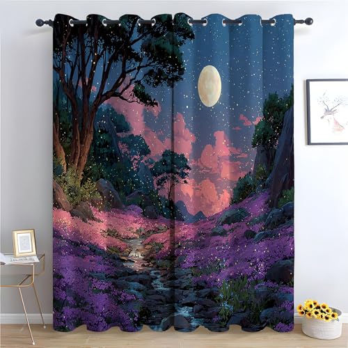 WQBQKKX Natur Landschaft Vorhänge Wald Abstrakter Sternenhimmel Blackout Curtain Schlafzimmer Wohnzimmer Weich Verdunklungsvorhänge 2er Set-H180 x B100 cm (2er Pack) von WQBQKKX