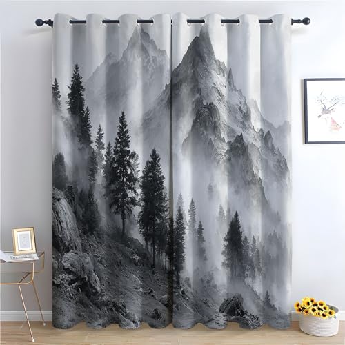 WQBQKKX Natur Landschaft Vorhänge Wald Bergbaum Gardinen Blickdichte Vorhang Kälteschutz Blackout Curtain Wohnzimmer Verdunkelung Fenster, 2 Stück-H220 x B132 cm (2er Pack) von WQBQKKX
