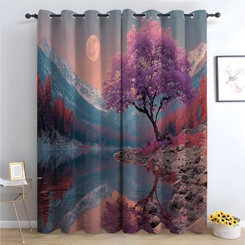 WQBQKKX Natur Landschaft Vorhänge Wald Bunter Baum Blackout Curtain Schlafzimmer Wohnzimmer Weich Verdunklungsvorhänge 2er Set-H180 x B100 cm (2er Pack) von WQBQKKX
