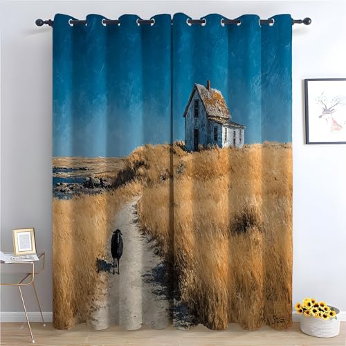WQBQKKX Natur Landschaft Vorhänge Wald Retro Gras Vintage Muster Verdunkelungsvorhang Landhaus Polyester Ösenschal für Schlafzimmer Wohnzimmer-H160 x B70 cm (2er Pack) von WQBQKKX