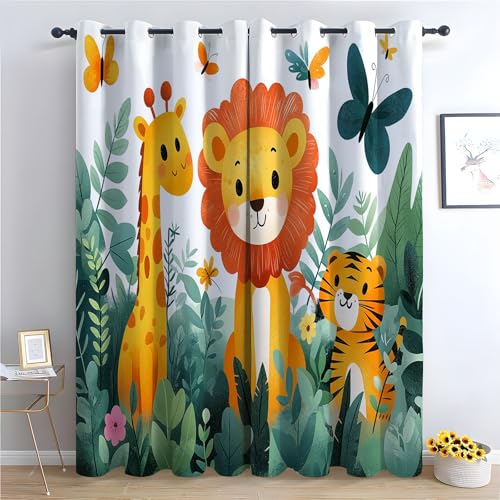 WQBQKKX Natur Vorhänge Cartoon-Tiere Hirschlöwe Vorhang für Schlafzimmer Privatsphäre, Fenstervorhänge für Wohnzimmer Schlafzimmer-H220 x B132 cm (2er Pack) von WQBQKKX