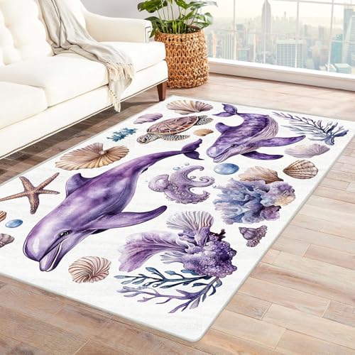 WQBQKKX Ocean Beach Teppich Retro-Tiere Wohnzimmer Schlafzimmer Dekor Kinder Spielmatte Küche Korridor Essbereich Teppich(Lila 55)-150x180cm von WQBQKKX