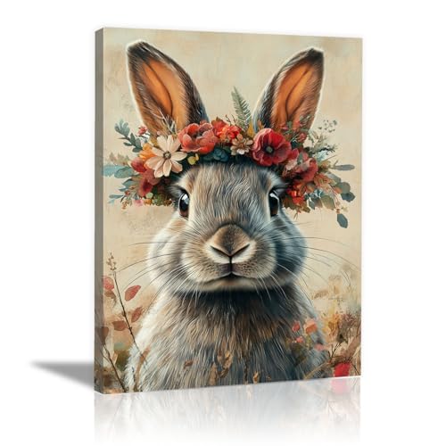 WQBQKKX Osterhasen Leinwand Wandkunst Tier, Retro Querformat Bild Wanddekoration Poster Drucke Arbeitszimmer Bibliothek Dekor - 80x110cm Gerahmt(Grau) von WQBQKKX
