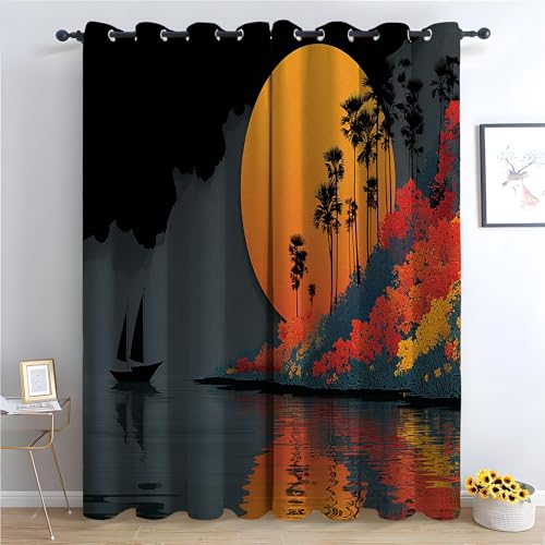 WQBQKKX Seaside Vorhang für Schlafzimmer Abstrakter Mond Blickdichte Thermo Vorhang Kälteschutz Blackout Curtain Mädchenzimmer Schlafzimmer Verdunkelung-H160 x B100 cm (2er Pack) von WQBQKKX