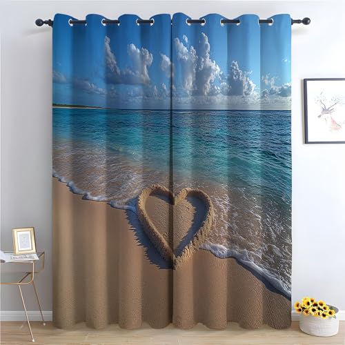 WQBQKKX Seaside Vorhang für Schlafzimmer Wellenstrand Gardinen Blickdichte Vorhang Kälteschutz Blackout Curtain Wohnzimmer Verdunkelung Fenster, 2 Stück-H215 x B100 cm (2er Pack) von WQBQKKX