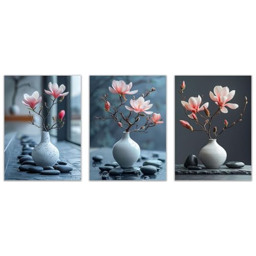WQBQKKX Set 3 Teilig KüChen Bild Wand Minimalistische Blumen Moderne Leinwand Bilder,Rosa, schwarz Wandbilder Zue Wohnzimmer Schlafzimmer Wanddekoration-40x60cmx3 Ungerahmt von WQBQKKX