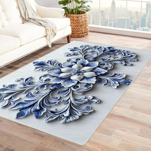 WQBQKKX Teppich 3D Vintage Boho Retro Carpet Blumen Minimalistisch Teppiche fürs Schlafzimmer, Arbeitszimmer, Büro, Flur, Kinderzimmer und Küche(Blau)-120x180cm von WQBQKKX