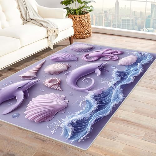 WQBQKKX Teppich Blau Ozean Süße Tiere Teppiche für Schlafzimmer Esszimmer rutschfest Weich Modern Teppich Groß Rug(Lila 44)-210x270cm von WQBQKKX