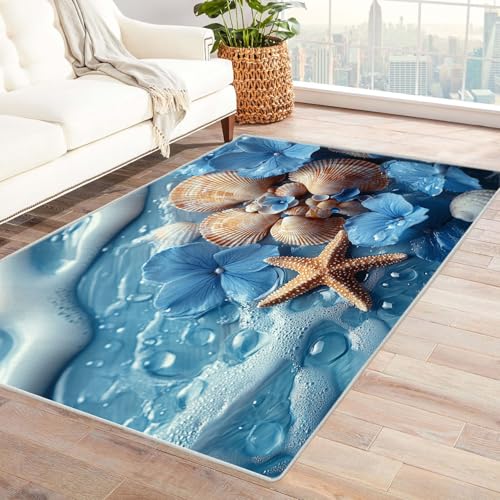 WQBQKKX Teppich Kinderzimmer Ozean Blumenwellen Haus Dekoration Wohnzimmer Rutschfester Rug Eingangstürmatte Ocean Kinderkrabbel Carpet(Blau 12)-60x90cm von WQBQKKX