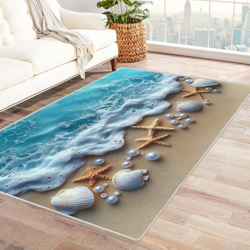 WQBQKKX Teppich Kinderzimmer Ozean Wellen des Ozeans Haus Dekoration Wohnzimmer Rutschfester Rug Eingangstürmatte Ocean Kinderkrabbel Carpet(Blau 68)-150x240cm von WQBQKKX