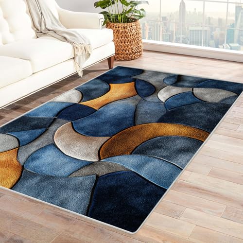 WQBQKKX Teppich Kurzflor Vintage Böhmischer Geometrisch Wohnzimmer Schlafzimmer Dekor Kinder Spielmatte Küche Korridor Essbereich Teppich(Blau 31)-120x150cm von WQBQKKX