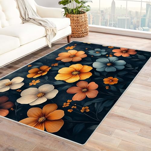 WQBQKKX Teppich Wohnzimmer Waschbarer Boho Blumen Boho Teppiche für Schlafzimmer Esszimmer rutschfest Weich Modern Teppich Groß Rug(Blau 42)-90x120cm von WQBQKKX