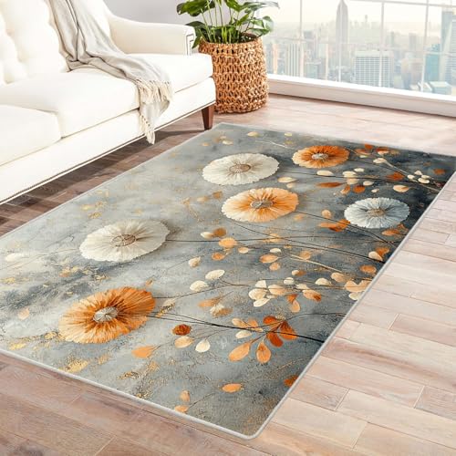 WQBQKKX Teppich Wohnzimmer Waschbarer Boho Blumen Kurzflor Waschbarer Teppich Super Weich rutschfest Blumen Design Groß Wohnzimmerteppich(Grau 52)-90x150cm von WQBQKKX