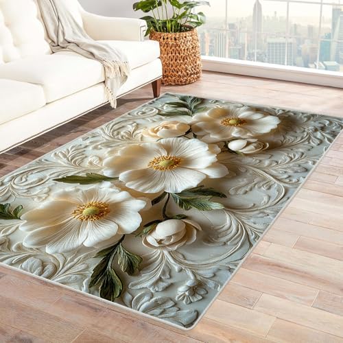 WQBQKKX Teppich Wohnzimmer Waschbarer Boho Blumen ideal fürs Wohnzimmer, Schlafzimmer und Kinderzimmer auch als Badematte Rug(Weiß 22)-150x210cm von WQBQKKX
