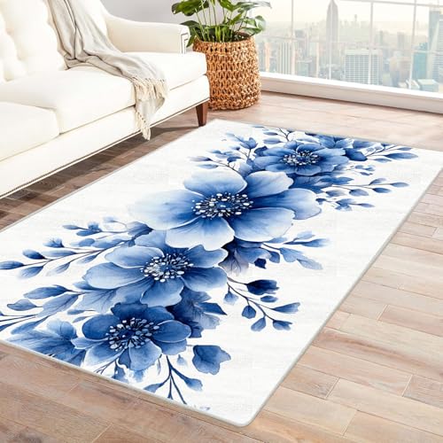 WQBQKKX Vintage Boho Teppiche Retro Carpet Blumen Minimalistisch Teppiche für Schlafzimmer Esszimmer rutschfest Weich Modern Teppich Groß Rug(Blau)-180x270cm von WQBQKKX