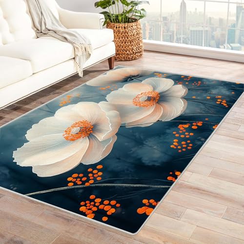 WQBQKKX Vintage Teppich Wohnzimmerteppich Blumen Kleiner Teppich Ozean, Weich Kurzflor & Waschbar & rutschfest Fussmatte Innen, Kinderteppich(Blau 64)-150x180cm von WQBQKKX