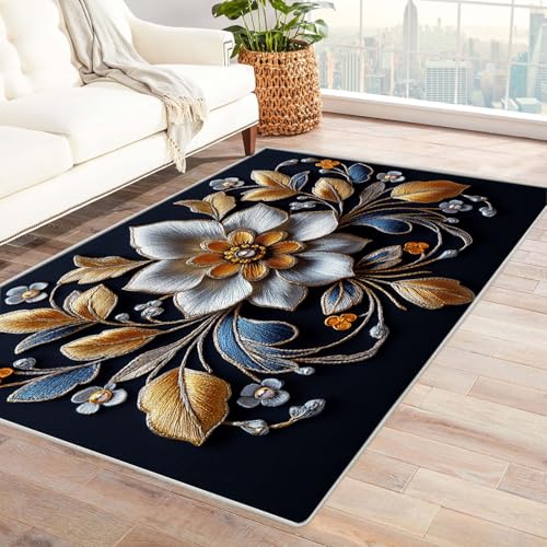 WQBQKKX Vintage Teppich Wohnzimmerteppich Blumen Teppich Waschbar rutschfest Krabbelmatte für Kinderzimmer Schlafzimmer Dekoration(Gold 44)-210x270cm von WQBQKKX