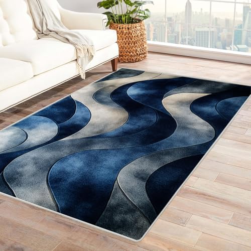 WQBQKKX Vintage Teppich Wohnzimmerteppich Linien Teppiche fürs Schlafzimmer, Arbeitszimmer, Büro, Flur, Kinderzimmer und Küche Rug(Blau 19)-120x150cm von WQBQKKX