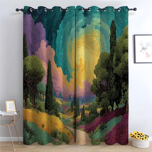 WQBQKKX Vorhänge Natur Landschaft Muster Abstraktes Retro Vintage Muster Verdunkelungsvorhang Landhaus Polyester Ösenschal für Schlafzimmer Wohnzimmer-H180 x B100 cm (2er Pack) von WQBQKKX