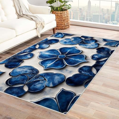 WQBQKKX Wohnzimmer Teppich Vintage Retro Carpet Minimalistische Blumen Teppiche für Schlafzimmer Esszimmer rutschfest Weich Modern Teppich Groß(Blau)-120x150cm von WQBQKKX
