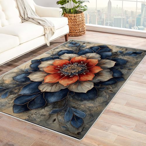 WQBQKKX Wohnzimmer Vintage Teppich Blumen Kleiner Teppich Ozean, Weich Kurzflor & Waschbar & rutschfest Fussmatte Innen, Kinderteppich(Blau 10)-180x270cm von WQBQKKX
