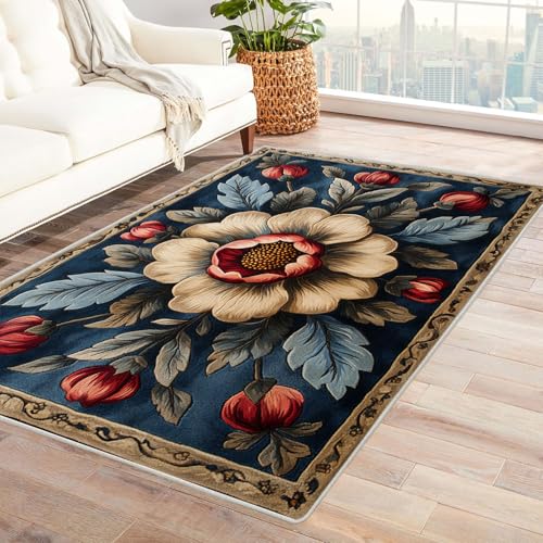 WQBQKKX Wohnzimmer Vintage Teppich Blumen Teppich Wohnzimmer Schlafzimmer Weich Kurzflor & Waschbar & rutschfest Rug(Blau 25)-210x270cm von WQBQKKX