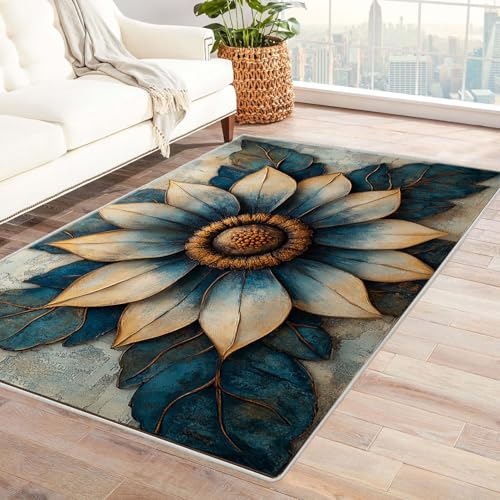 WQBQKKX Wohnzimmer Vintage Teppich Retro Blumen Schlafzimmerteppich, Waschbarerteppich, Rutschfester Teppich, für Küche, Flur, Esszimmer(Blau 15)-90x150cm von WQBQKKX