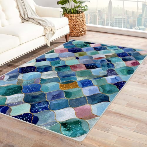 WQBQKKX moderner Kurzflor Teppich 3D Vintage Boho Retro Carpet Bunte Blumen Für Wohnzimmer Schlafzimmer Retro Carpet Home Bar Decor Rugs(Grün)-240x300cm von WQBQKKX