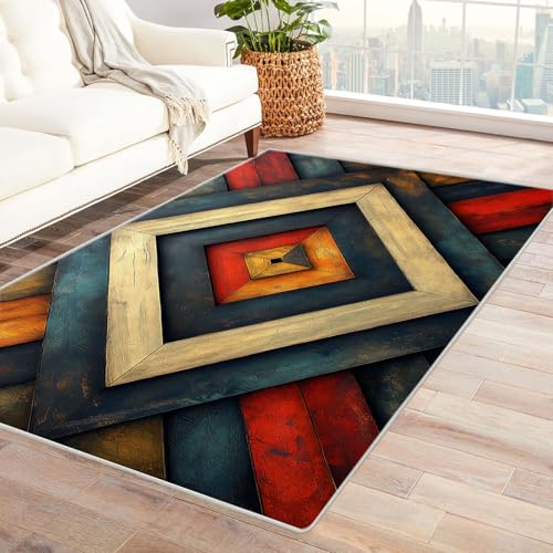 WQBQKKX moderner Kurzflor Teppich 3D Vintage Boho Retro Carpet Minimalistische Linien ideal fürs Wohnzimmer, Schlafzimmer und Kinderzimmer auch als Badematte Rug(Rot)-60x90cm von WQBQKKX