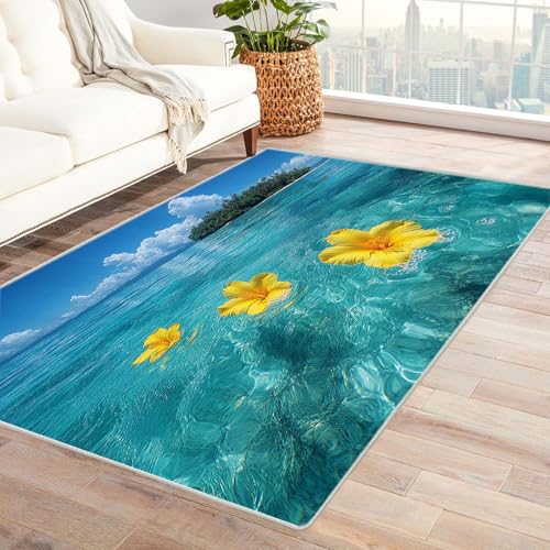 WQBQKKX rutschfest Badezimmer Badeteppiche Ozean, Meer Blumen Haus Dekoration Wohnzimmer Rutschfester Rug Eingangstürmatte Ocean Kinderkrabbel Carpet(Blau 26)-150x210cm von WQBQKKX