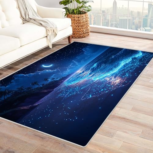 WQBQKKX rutschfest Badezimmer Badeteppiche Ozean, Meer Mondwellen Haus Dekoration Wohnzimmer Rutschfester Rug Eingangstürmatte Ocean Kinderkrabbel Carpet(Blau 26)-210x270cm von WQBQKKX