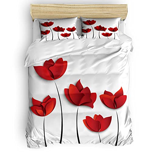 Bettwäsche 135x200 Rote Blumen Microfaser Bettwäsche-Sets 2 Teilig - 1 Bettbezug mit Reißverschluss + 1 Kissenbezüge 80x80 cm von WQIZXCW